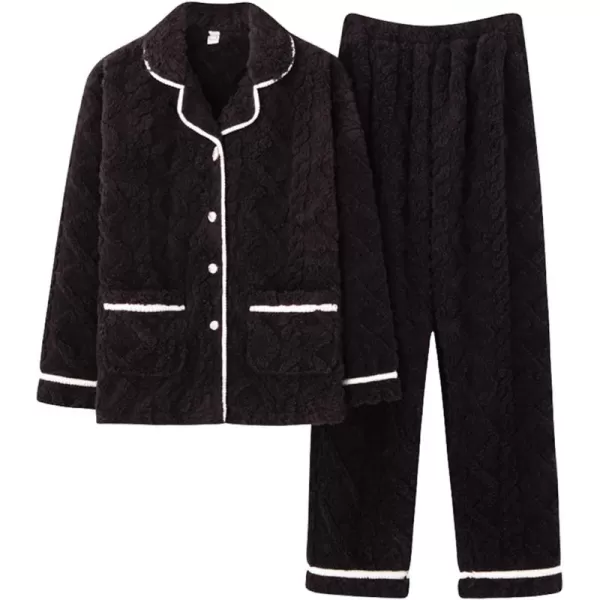 Flygo Women's Fluffy Pajama Sets Fleece Warm Lapel Top and Pant Sleepwear Loungewear