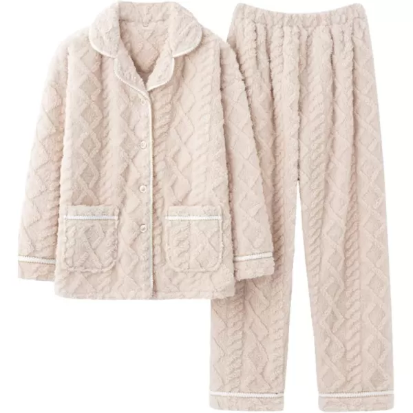 Flygo Women's Fluffy Pajama Sets Fleece Warm Lapel Top and Pant Sleepwear Loungewear