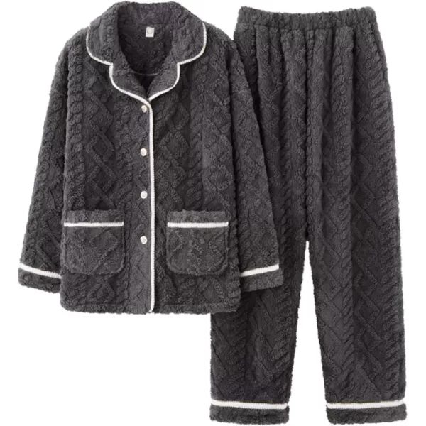 Flygo Women's Fluffy Pajama Sets Fleece Warm Lapel Top and Pant Sleepwear Loungewear