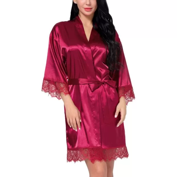Flygo Women's Lace Trim Satin Kimono Bathrobe Short Sleepgown Nightwear