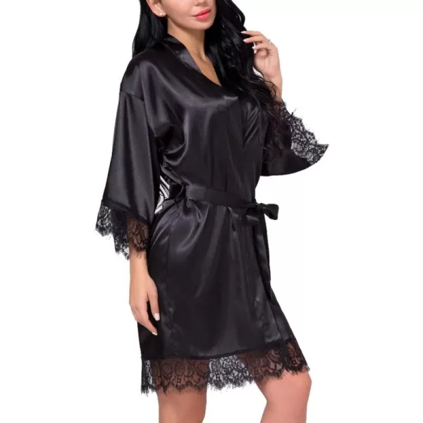 Flygo Women's Lace Trim Satin Kimono Bathrobe Short Sleepgown Nightwear