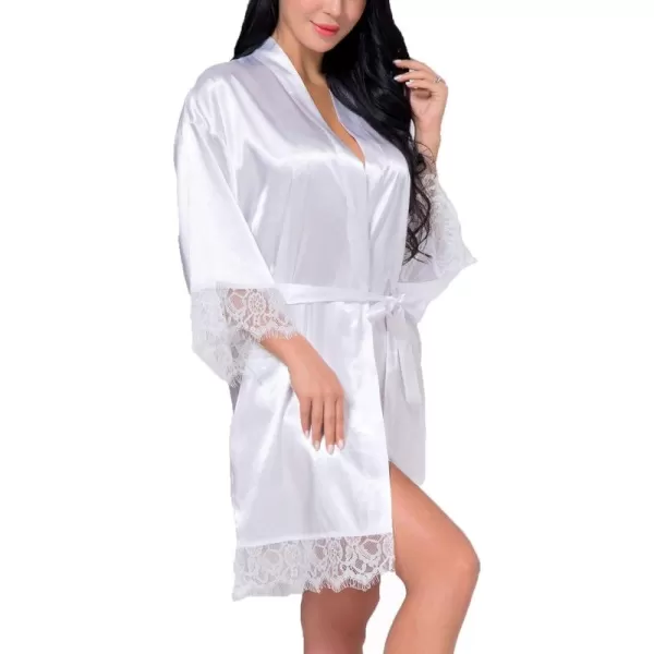 Flygo Women's Lace Trim Satin Kimono Bathrobe Short Sleepgown Nightwear