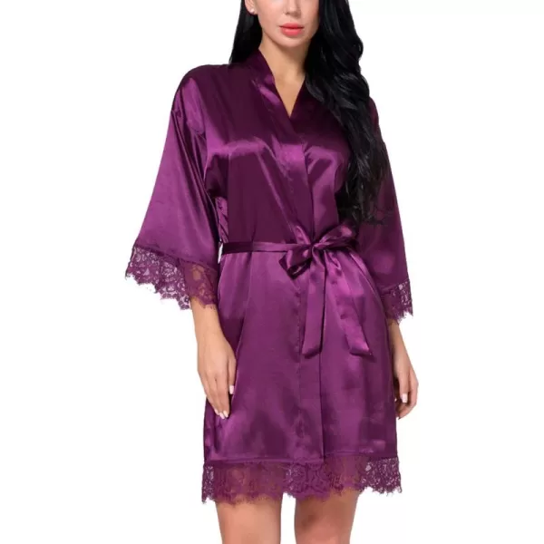 Flygo Women's Lace Trim Satin Kimono Bathrobe Short Sleepgown Nightwear
