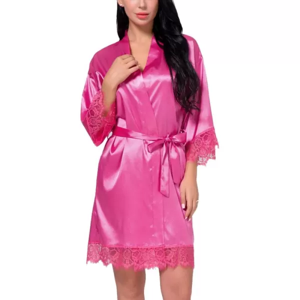 Flygo Women's Lace Trim Satin Kimono Bathrobe Short Sleepgown Nightwear