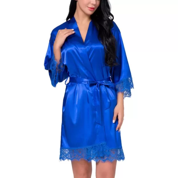 Flygo Women's Lace Trim Satin Kimono Bathrobe Short Sleepgown Nightwear
