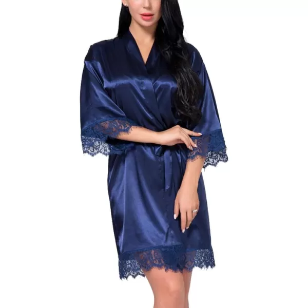 Flygo Women's Lace Trim Satin Kimono Bathrobe Short Sleepgown Nightwear