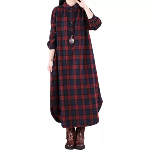 Flygo Women's Long Sleeve Button Plaid Long Shirt Loose Casual Midi Dress Sleepwear