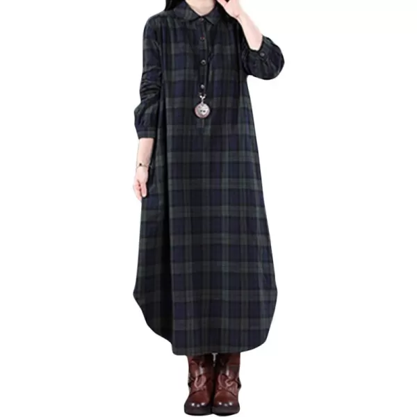 Flygo Women's Long Sleeve Button Plaid Long Shirt Loose Casual Midi Dress Sleepwear