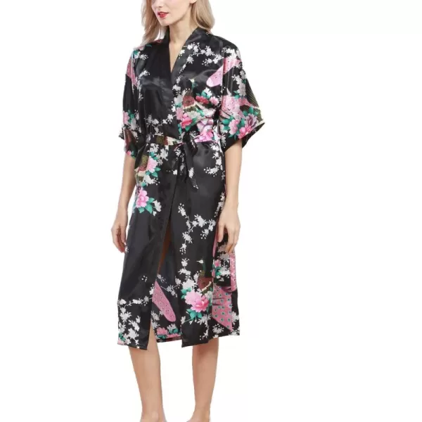 Flygo Womens Printed Satin Long Kimono Robe Bathrobe with Peacock &amp; Floral