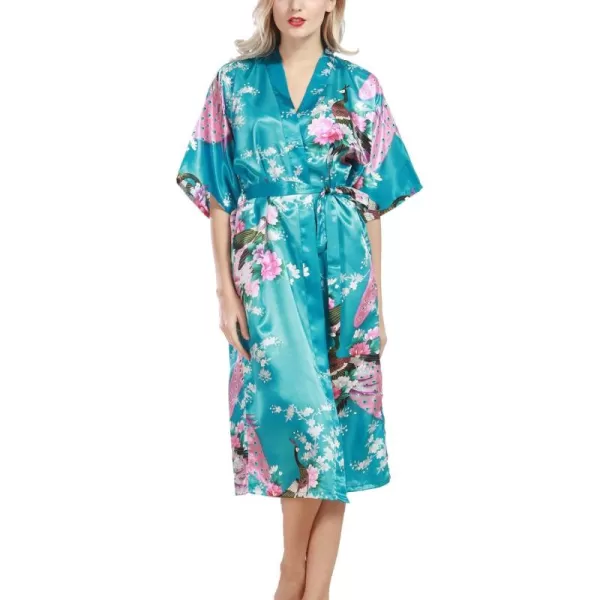 Flygo Womens Printed Satin Long Kimono Robe Bathrobe with Peacock &amp; Floral