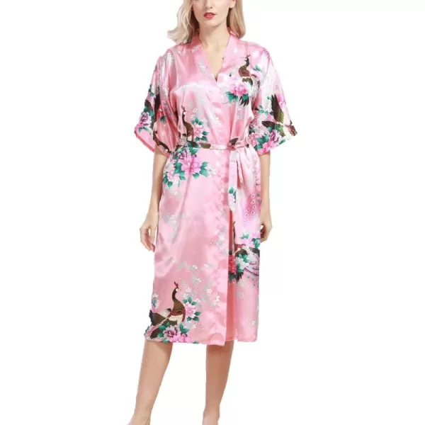 Flygo Womens Printed Satin Long Kimono Robe Bathrobe with Peacock &amp; Floral