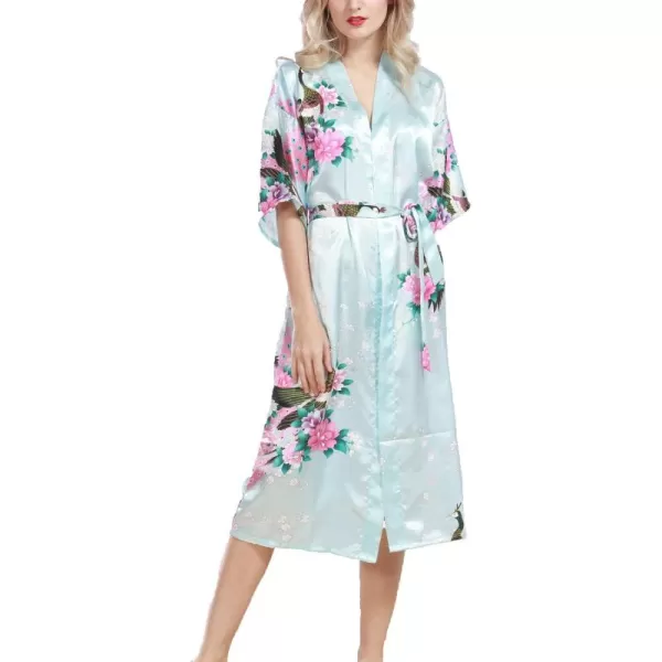 Flygo Womens Printed Satin Long Kimono Robe Bathrobe with Peacock &amp; Floral
