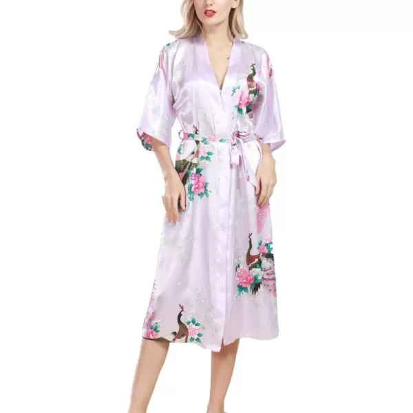 Flygo Womens Printed Satin Long Kimono Robe Bathrobe with Peacock &amp; Floral