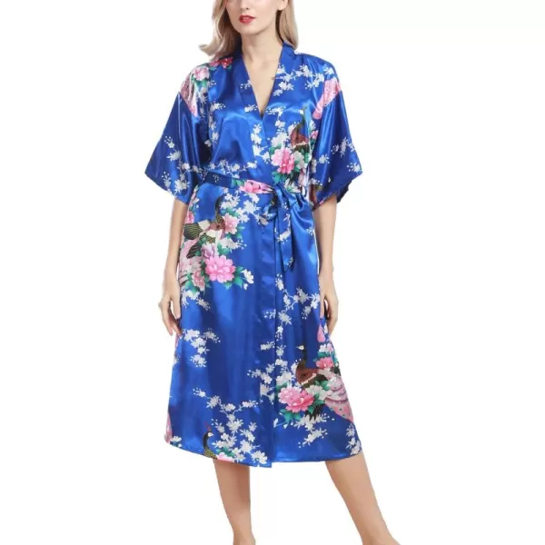 Flygo Womens Printed Satin Long Kimono Robe Bathrobe with Peacock &amp; Floral