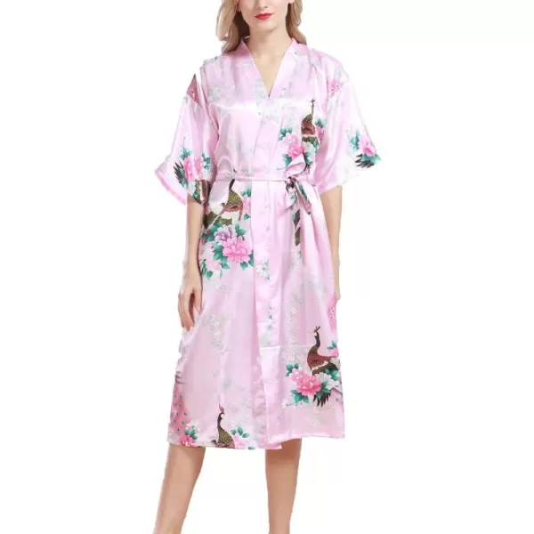 Flygo Womens Printed Satin Long Kimono Robe Bathrobe with Peacock &amp; Floral