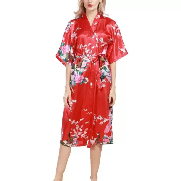 Flygo Womens Printed Satin Long Kimono Robe Bathrobe with Peacock &amp; Floral