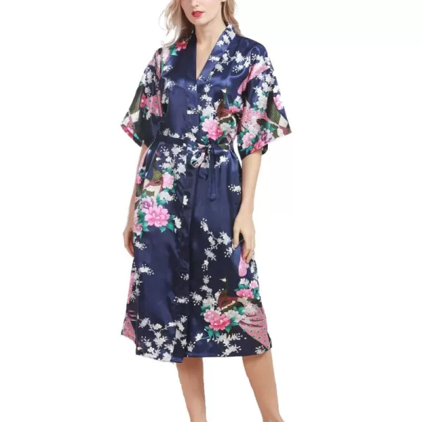 Flygo Womens Printed Satin Long Kimono Robe Bathrobe with Peacock &amp; Floral