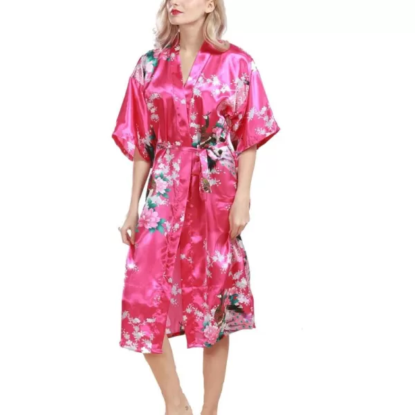 Flygo Womens Printed Satin Long Kimono Robe Bathrobe with Peacock &amp; Floral