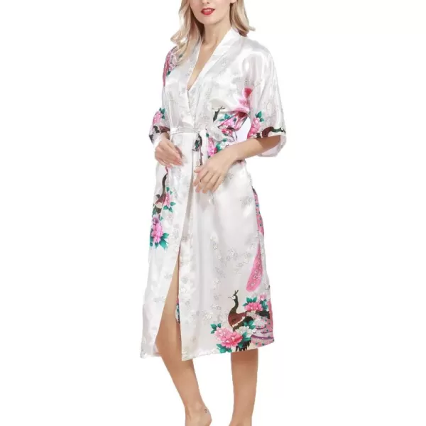 Flygo Womens Printed Satin Long Kimono Robe Bathrobe with Peacock &amp; Floral