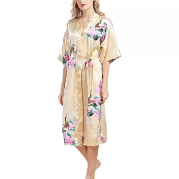 Flygo Womens Printed Satin Long Kimono Robe Bathrobe with Peacock &amp; Floral