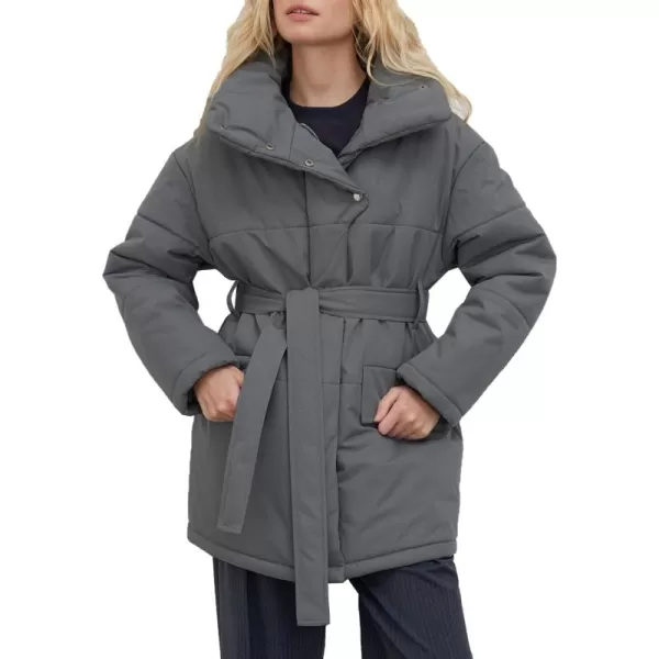 Flygo Women's Quilted Puffer Jacket Stand Collar Full Zip Mid-Length Parka Jackets Warm Winter Coats with Belt