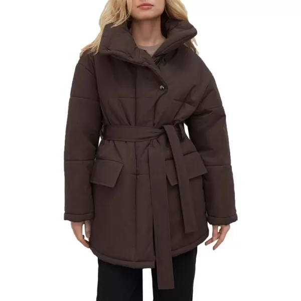 Flygo Women's Quilted Puffer Jacket Stand Collar Full Zip Mid-Length Parka Jackets Warm Winter Coats with Belt