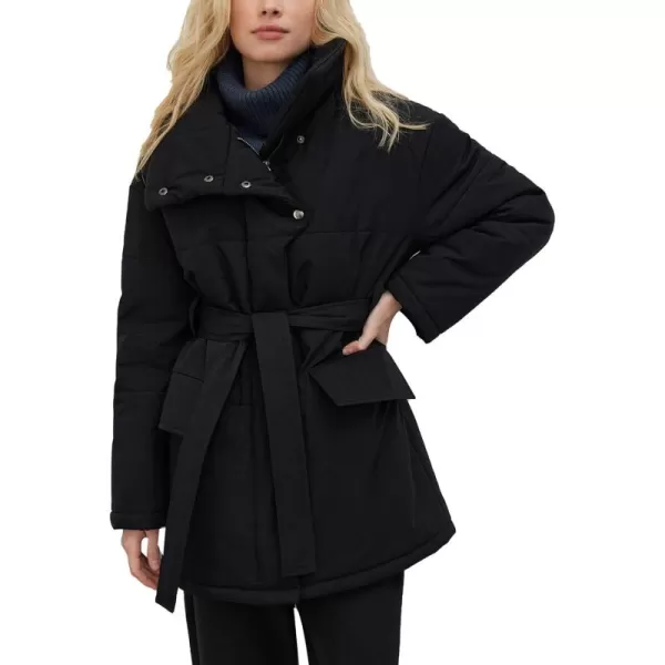 Flygo Women's Quilted Puffer Jacket Stand Collar Full Zip Mid-Length Parka Jackets Warm Winter Coats with Belt