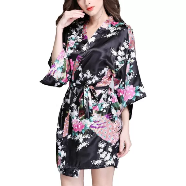 Flygo Womens Satin Kimono Robe Printed Bathrobes Peacock&amp;Blossoms