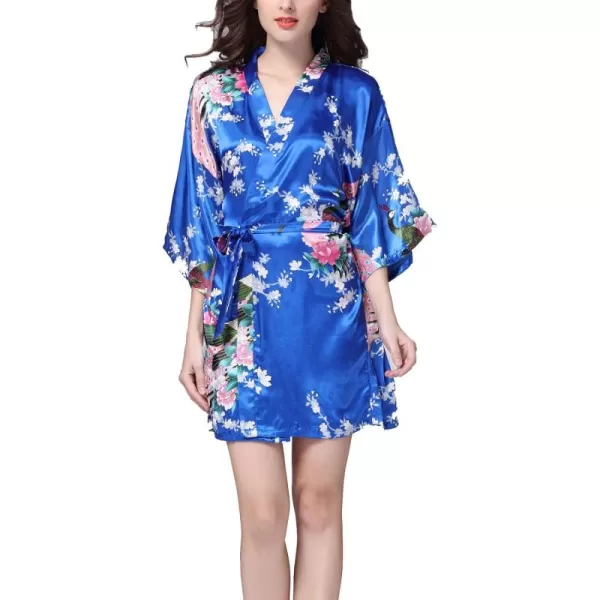 Flygo Womens Satin Kimono Robe Printed Bathrobes Peacock&amp;Blossoms