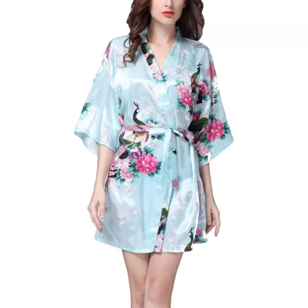 Flygo Womens Satin Kimono Robe Printed Bathrobes Peacock&amp;Blossoms