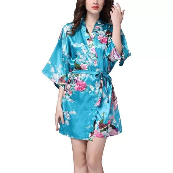 Flygo Womens Satin Kimono Robe Printed Bathrobes Peacock&amp;Blossoms