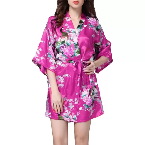 Flygo Womens Satin Kimono Robe Printed Bathrobes Peacock&amp;Blossoms