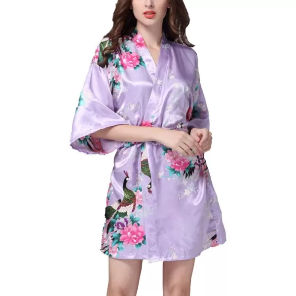 Flygo Womens Satin Kimono Robe Printed Bathrobes Peacock&amp;Blossoms