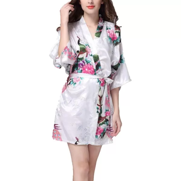 Flygo Womens Satin Kimono Robe Printed Bathrobes Peacock&amp;Blossoms