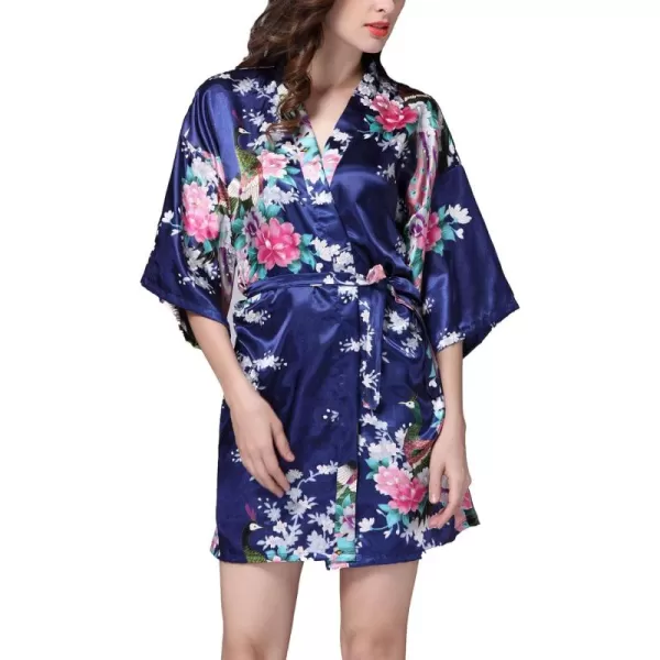 Flygo Womens Satin Kimono Robe Printed Bathrobes Peacock&amp;Blossoms