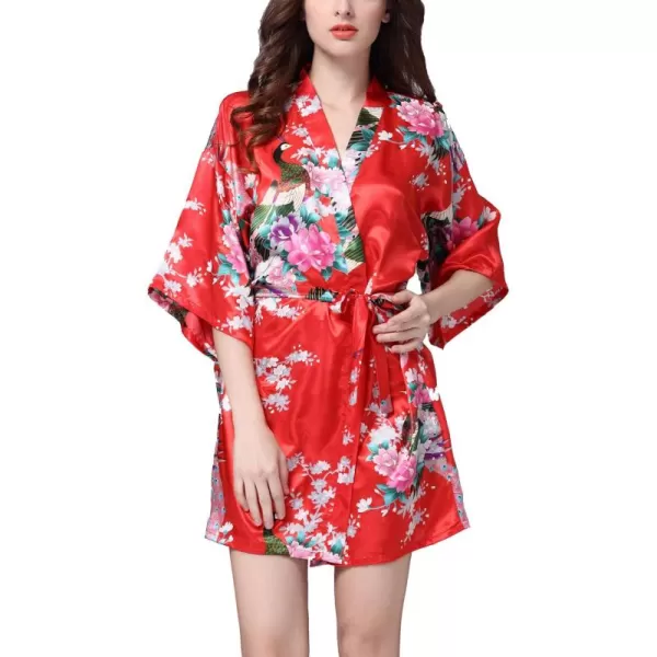Flygo Womens Satin Kimono Robe Printed Bathrobes Peacock&amp;Blossoms