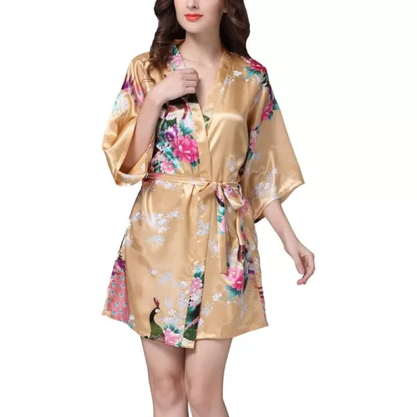 Flygo Womens Satin Kimono Robe Printed Bathrobes Peacock&amp;Blossoms