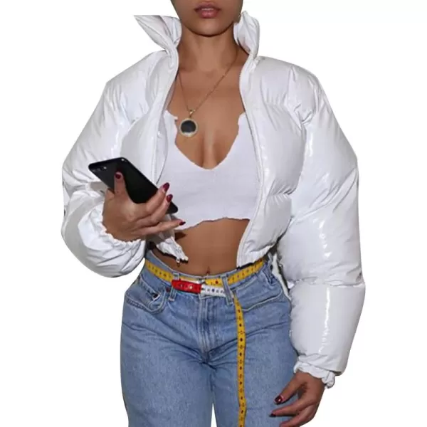 Flygo Women's Shiny Cropped Puffer Jacket Quilted Winter Zip Up Bubble Puffy Coat