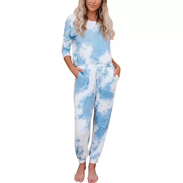 Flygo Womens Two Piece Pajamas Tie Dye Printed Long Sleeve Tops and Pants Joggers Sleepwear PJ Sets Nightwear Loungewear