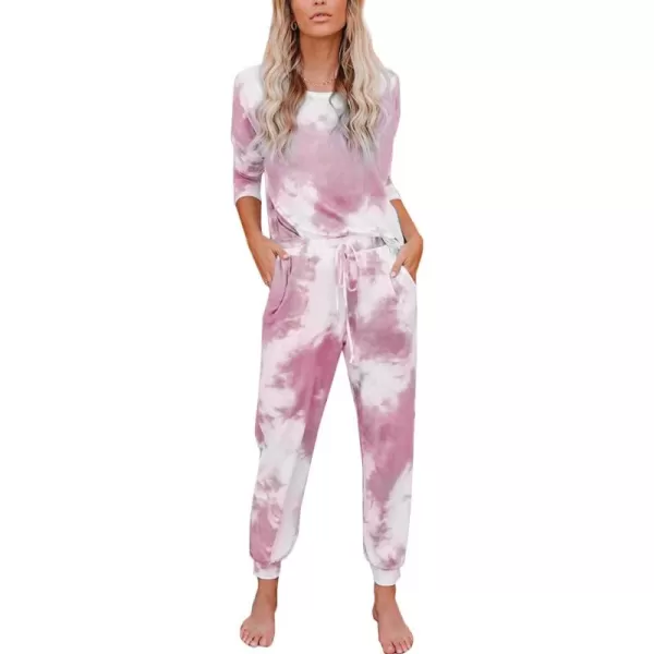 Flygo Womens Two Piece Pajamas Tie Dye Printed Long Sleeve Tops and Pants Joggers Sleepwear PJ Sets Nightwear Loungewear
