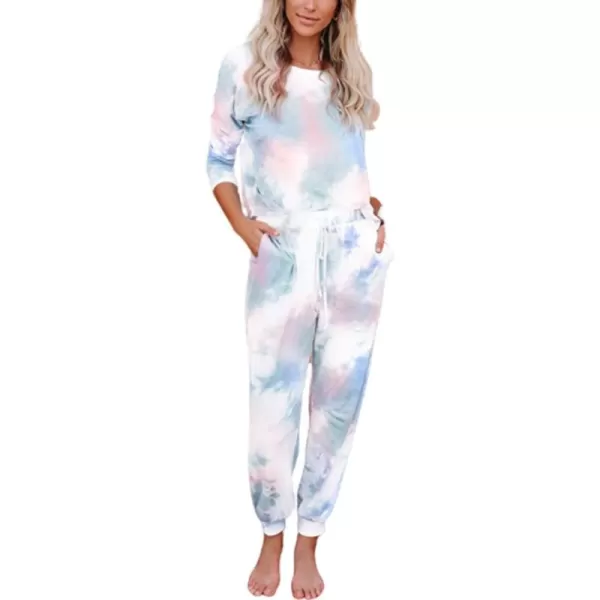 Flygo Womens Two Piece Pajamas Tie Dye Printed Long Sleeve Tops and Pants Joggers Sleepwear PJ Sets Nightwear Loungewear