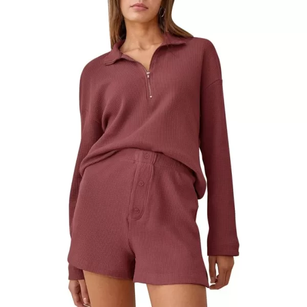 Flygo Womens Waffle Knit Pajama Set Long Sleeve Tops and Shorts Matching Lounge Set Loungewear Sweatsuit