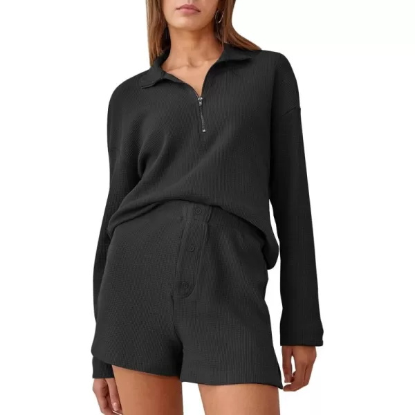Flygo Womens Waffle Knit Pajama Set Long Sleeve Tops and Shorts Matching Lounge Set Loungewear Sweatsuit