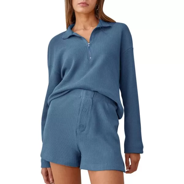 Flygo Womens Waffle Knit Pajama Set Long Sleeve Tops and Shorts Matching Lounge Set Loungewear Sweatsuit