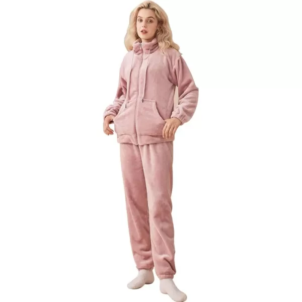 Flygo Womens Winter Fluffy Flannel Zip-up Pajamas Set Fleece Long Sleeve Plush Sleepwear Loungewear