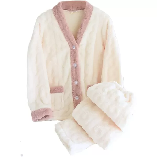 Flygo Women's Winter Fluffy Pajamas Set Fleece Button Tops and Pants Plush Loungewear Sleepwear