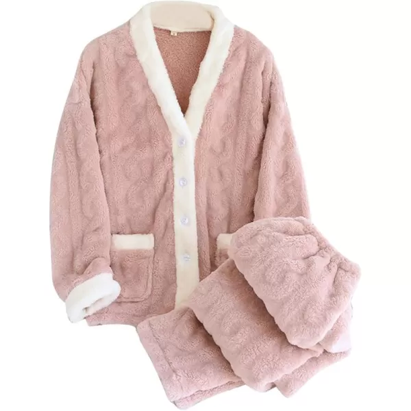 Flygo Women's Winter Fluffy Pajamas Set Fleece Button Tops and Pants Plush Loungewear Sleepwear