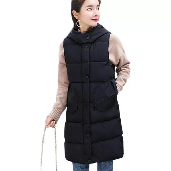 Flygo Women's Winter Hooded Mid Long Quilted Padded Puffer Vest Jacket