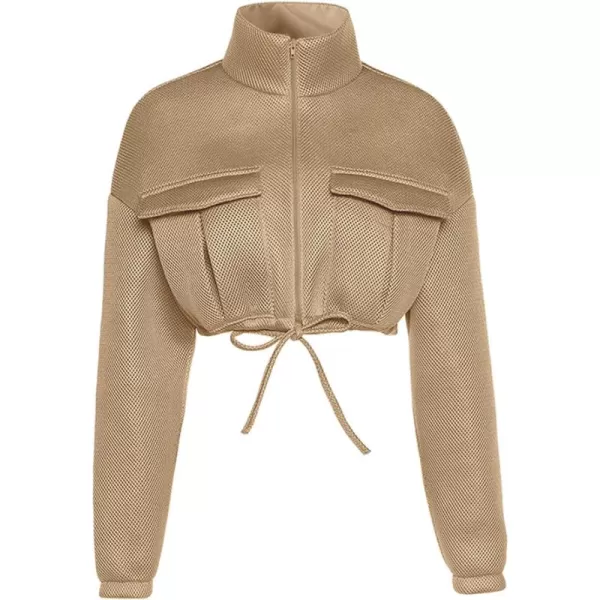 Flygo Womens Zip Up Cropped Jacket Stand Collar Long Sleeve Lightweight Short Bomber Jackets Coat