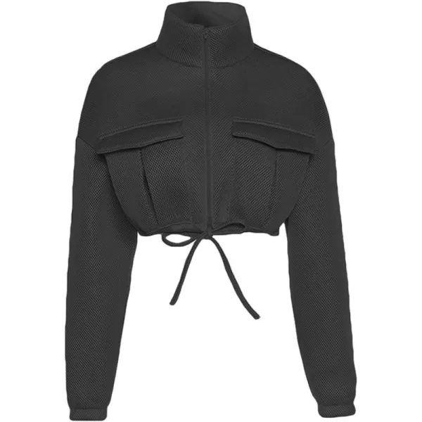 Flygo Womens Zip Up Cropped Jacket Stand Collar Long Sleeve Lightweight Short Bomber Jackets Coat